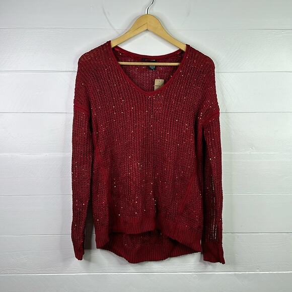 DKNY Ruby Red Sequin Knit Pullover V Neck‎ Sweater Sweatshirt Top Size Small - Picture 1 of 10
